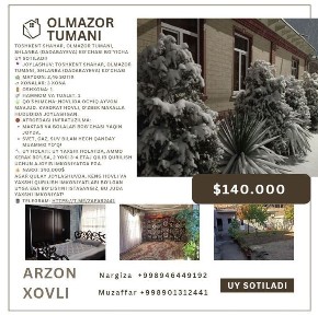 Olmazor tumani. dadaboyeva kochasi joylashgan uy sotiladi 2.45 sotig