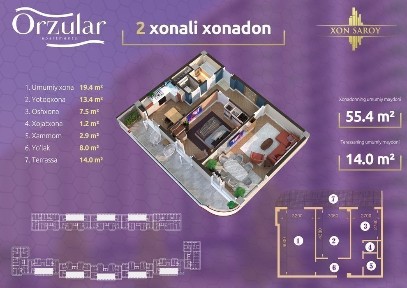 Xon Saroy Orzular loyihasi 2 xonalik uy srochno sotiladi
