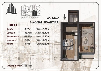 Ремонт включен! 1 комн., 46 м², 13,9 млн/мес., сдача 2028г.