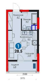1 комнатная 28.45 м² у Метро с ПВ-6,915у.е.  Яшнабад