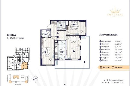 Продается 3х ком квартира, ЖК Imperial Club City, ор-р: Алайский, 90м²