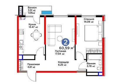 Новостройка - КОМФОРТ+ 2 комнаты 60.59 м² УЗБУМ
