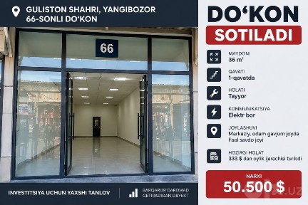 Guliston shahri, Yangibozorda 36 m² do‘kon sotiladi!